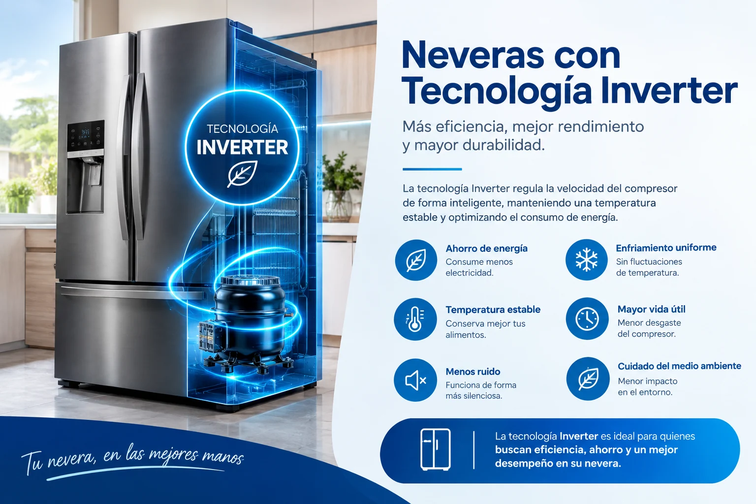 Infografía: neveras con tecnología inverter, ventajas del compresor de velocidad variable